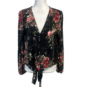 Lovestitch Blouse sz Large Black Pink Roses Floral Front Ties Peasant Garden #S